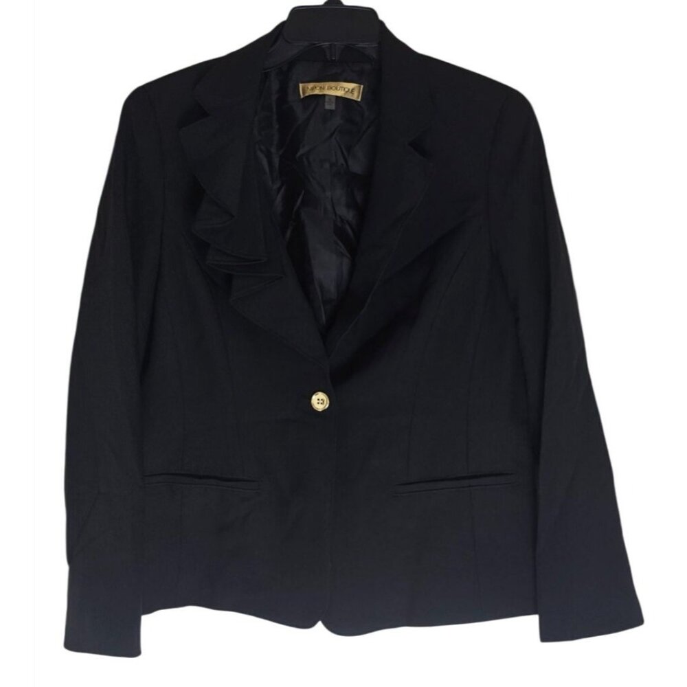 Nipon Boutique Black Blazer With Ruffled Collar & Gold Button Detail Size 10